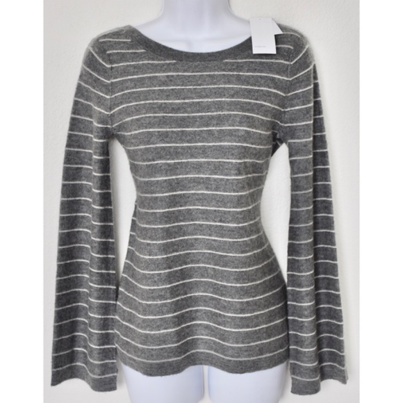 VINCE NWT 100% CASHMERE STRIPED BELL SLEEVE HEATHER STONE/STERLING SWEATER. XS - Picture 9 of 15